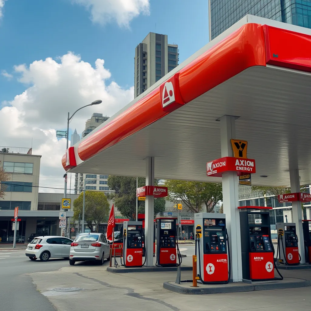 Detalle de surtidores en una estación Axion Energy urbana